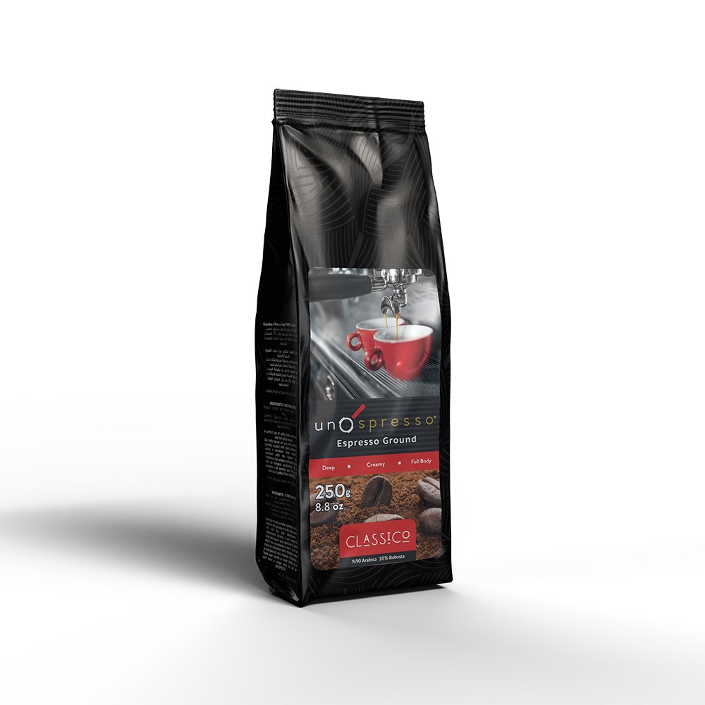 Classico - Uno Spresso - Ground Espresso Coffee Beans - 100% Natural from the Finest Coffee Fields - Smooth - 250g Grams
