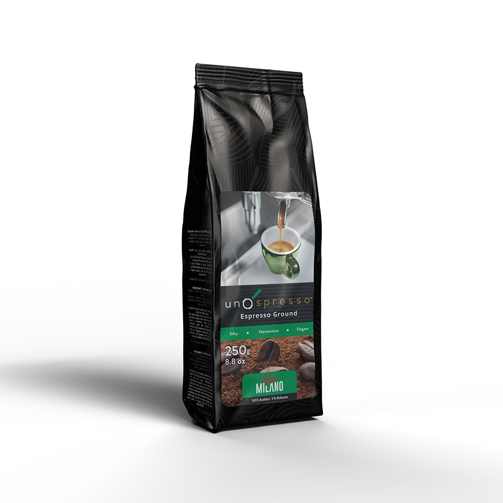 Via Milano - Uno Spresso - Ground Espresso Coffee Beans - 100% Natural from the Finest Coffee Fields - Smooth Taste - 250g