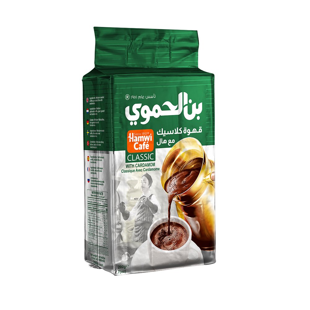 قهوة بن الحموي التركية كلاسيك وسط مع هال وسط (200غ) - خليط فاخر من أجود الحبوب العالمية. هال متوسط مع قهوة تركية أصيلة 100% طبيعية.