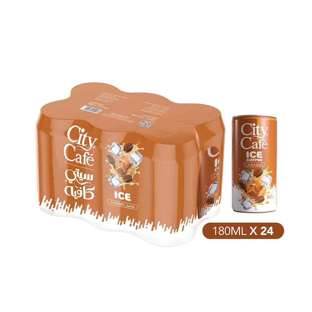كرتونة آيس كوفي كراميل 24×180 مل من سيتي كافية، انتعاش لذيذ بطعم الكراميل، رفيقك اليومي وقت الشمس والجو الحار