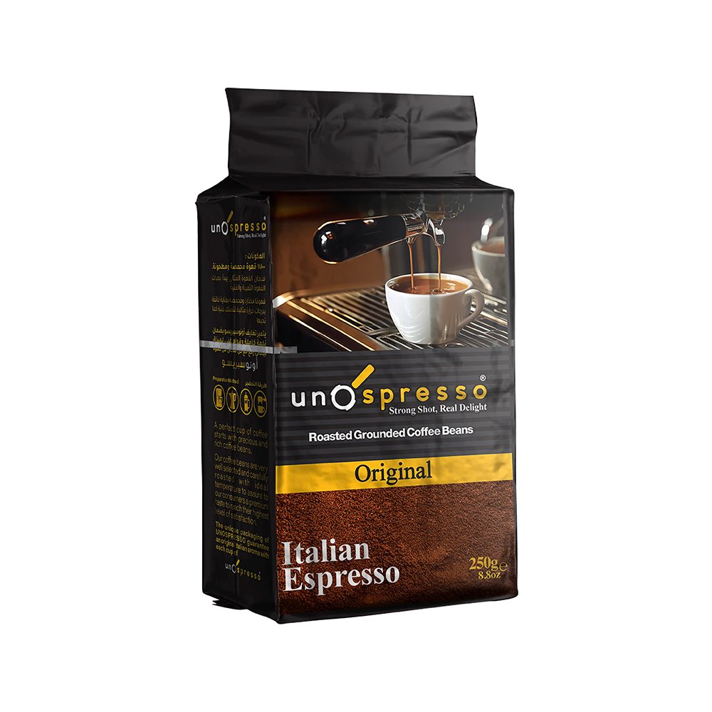 اونو سبريسو – قهوة اسبريسو مطحونة ٢٥٠غ، بن مختار بعناية ومطحون ناعم، بطعم مركز ورايق لعشاق القهوة القوية يومياً.